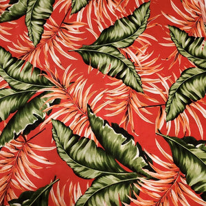 Pretty Red and Green Hawaiian Tropical Island Floral Print, Poly Spandex Knit Fabric, 2-Way Stretch and a Nice Drape, Sold By The 1/2 Yard