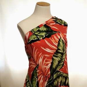 Pretty Red and Green Hawaiian Tropical Island Floral Print, Poly Spandex Knit Fabric, 2-Way Stretch and a Nice Drape, Sold By The 1/2 Yard