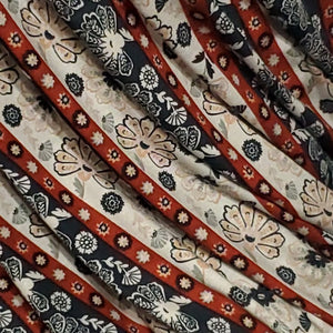 Rayon Spandex Fabric, Pretty Boho Blue. Red, and Cream Stripe Floral Print, Soft and Beautiful Drape, 4-Way Stretch, Sold by the half yard