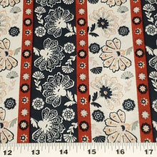 Load image into Gallery viewer, Rayon Spandex Fabric, Pretty Boho Blue. Red, and Cream Stripe Floral Print, Soft and Beautiful Drape, 4-Way Stretch, Sold by the half yard
