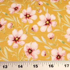 Organic Cotton Spandex European Knit Fabric, Very Pretty Floral Prins, Yellow, Gray, Blue, Organic Cotton 4-way stretch . Sold by 1/2 yard.