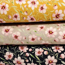 Load image into Gallery viewer, Organic Cotton Spandex European Knit Fabric, Very Pretty Floral Prins, Yellow, Gray, Blue, Organic Cotton 4-way stretch . Sold by 1/2 yard.
