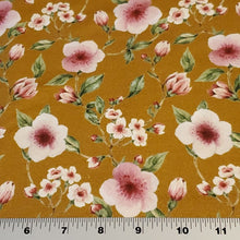 Load image into Gallery viewer, Organic Cotton Spandex French Terry Euro Knit: Pretty Floral on Curry Yellow, Nice Quality Soft Fabric, 4-way stretch. Sold by the 1/2 yard.
