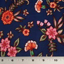 Load image into Gallery viewer, Single Brushed Stretch Knit Fabric, Navy Coral Pink Floral Print , Very Nice Feel and Drape, Soft and Versatile, Sold by the 1/2 yard
