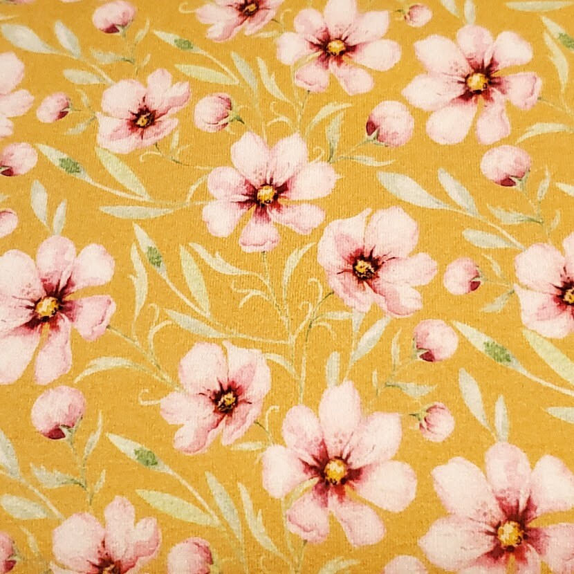 Organic Cotton Spandex European Knit Fabric, Very Pretty Floral Prins, Yellow, Gray, Blue, Organic Cotton 4-way stretch . Sold by 1/2 yard.