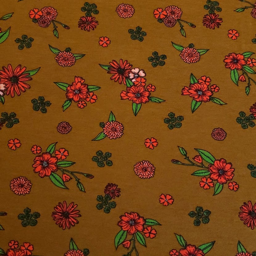 Viscose Spandex Euro Knit Fabric: Pretty Red Pink Floral, Excellent Quality Soft and Silky Fabric, 4-way stretch . Sold by the 1/2 yard.