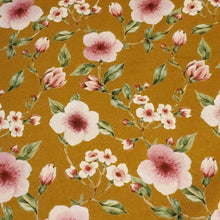 Load image into Gallery viewer, Organic Cotton Spandex French Terry Euro Knit: Pretty Floral on Curry Yellow, Nice Quality Soft Fabric, 4-way stretch. Sold by the 1/2 yard.
