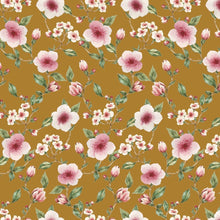 Load image into Gallery viewer, Organic Cotton Spandex French Terry Euro Knit: Pretty Floral on Curry Yellow, Nice Quality Soft Fabric, 4-way stretch. Sold by the 1/2 yard.
