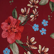 Load image into Gallery viewer, Double Brushed Polyester Knit Fabric, DBP, 4-Way Stretch, a Pretty Burgundy and Blue Floral, So Soft and Versatile, Sold by the 1/2 yard
