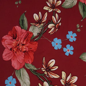 Double Brushed Polyester Knit Fabric, DBP, 4-Way Stretch, a Pretty Burgundy and Blue Floral, So Soft and Versatile, Sold by the 1/2 yard