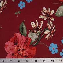 Load image into Gallery viewer, Double Brushed Polyester Knit Fabric, DBP, 4-Way Stretch, a Pretty Burgundy and Blue Floral, So Soft and Versatile, Sold by the 1/2 yard
