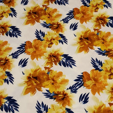 Load image into Gallery viewer, Double Brushed Polyester Knit Fabric, DBP, 4-Way Stretch, a Pretty Yellow Gold and Blue Floral, So Soft and Versatile, Sold by the 1/2 yard
