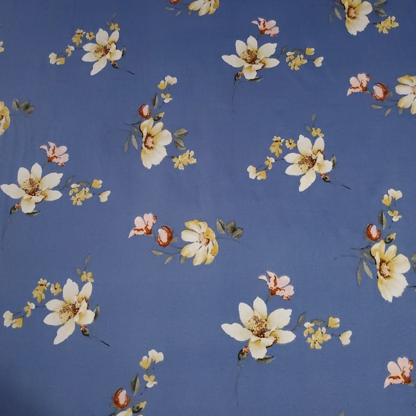 Ivory and Blue Floral Double Brushed Knit Fabric, Pretty and Fun Fabric, DBP, 4-Way Stretch, So Soft and Versatile, Sold by the 1/2 yard