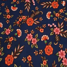 Load image into Gallery viewer, Single Brushed Stretch Knit Fabric, Navy Coral Pink Floral Print , Very Nice Feel and Drape, Soft and Versatile, Sold by the 1/2 yard
