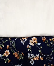 Load image into Gallery viewer, Ribbed Knit Fabric: Pretty 4x2 Rib Knit Navy Blue with Beige, Ivory, Green Floral. Great for any Season. 4-Way Stretch, Sold by the 1/2 yard
