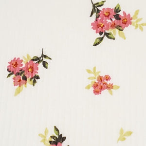 Ribbed Knit Fabric: 4x2 Rib Knit . Cute Ivory with Petite and Pretty Pink Flowers with Green Leaves. 4-Way Stretch, Sold by the 1/2 yard