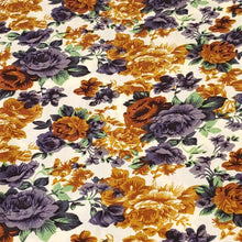 Load image into Gallery viewer, Rayon Challis Fabric, Pretty Beige,Brown, Blue Floral Fabric . A Nice Light and Flowing Fabric. Beautiful Rayon Fabric. Sold by the 1/2 yard
