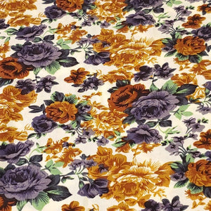 Rayon Challis Fabric, Pretty Beige,Brown, Blue Floral Fabric . A Nice Light and Flowing Fabric. Beautiful Rayon Fabric. Sold by the 1/2 yard