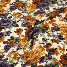 Load image into Gallery viewer, Rayon Challis Fabric, Pretty Beige,Brown, Blue Floral Fabric . A Nice Light and Flowing Fabric. Beautiful Rayon Fabric. Sold by the 1/2 yard
