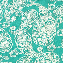 Load image into Gallery viewer, Rayon Challis, Gorgeous Jade, Teal, White Paisley Print. A Very Nice Light and Flowing Fabric. Nice Rayon Woven Fabric. Sold by the 1/2 yard
