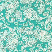 Load image into Gallery viewer, Rayon Challis, Gorgeous Jade, Teal, White Paisley Print. A Very Nice Light and Flowing Fabric. Nice Rayon Woven Fabric. Sold by the 1/2 yard
