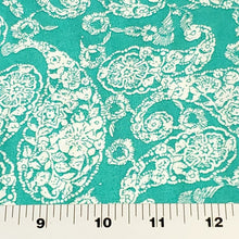 Load image into Gallery viewer, Rayon Challis, Gorgeous Jade, Teal, White Paisley Print. A Very Nice Light and Flowing Fabric. Nice Rayon Woven Fabric. Sold by the 1/2 yard
