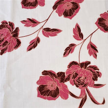 Load image into Gallery viewer, Woven Cotton Linen Blend, Very Pretty Pink and Maroon Floral on White. Nice Breathable Fabric. No Stretch Woven, Sold by the 1/2 yard
