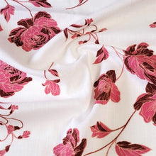 Load image into Gallery viewer, Woven Cotton Linen Blend, Very Pretty Pink and Maroon Floral on White. Nice Breathable Fabric. No Stretch Woven, Sold by the 1/2 yard
