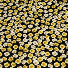 Load image into Gallery viewer, Double Brushed Poly, DPB,  Knit Fabric, Beautiful Ditzy White and Yellow Flowers on Black, So Soft and Versatile, Sold by the 1/2 yard
