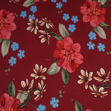 Load image into Gallery viewer, Double Brushed Polyester Knit Fabric, DBP, 4-Way Stretch, a Pretty Burgundy and Blue Floral, So Soft and Versatile, Sold by the 1/2 yard
