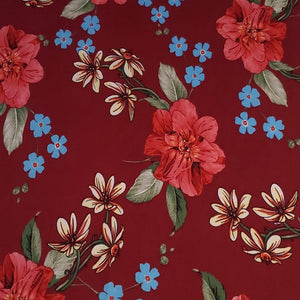 Double Brushed Polyester Knit Fabric, DBP, 4-Way Stretch, a Pretty Burgundy and Blue Floral, So Soft and Versatile, Sold by the 1/2 yard