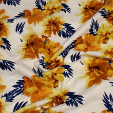 Load image into Gallery viewer, Double Brushed Polyester Knit Fabric, DBP, 4-Way Stretch, a Pretty Yellow Gold and Blue Floral, So Soft and Versatile, Sold by the 1/2 yard
