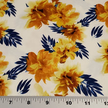 Load image into Gallery viewer, Double Brushed Polyester Knit Fabric, DBP, 4-Way Stretch, a Pretty Yellow Gold and Blue Floral, So Soft and Versatile, Sold by the 1/2 yard
