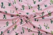 Load image into Gallery viewer, Double Brushed Polyester Knit Fabric, DBP, 4-Way Stretch, Pretty Pink with Green Cactus Print, So Soft and Versatile, Sold by the 1/2 yard
