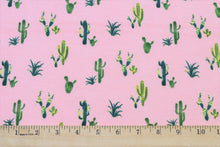 Load image into Gallery viewer, Double Brushed Polyester Knit Fabric, DBP, 4-Way Stretch, Pretty Pink with Green Cactus Print, So Soft and Versatile, Sold by the 1/2 yard
