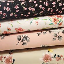 Load image into Gallery viewer, Double Brushed Polyester Knit Fabric, DBP, 4-Way Stretch, a Pretty Taupe and Blush Floral Print, So Soft and Versatile, Sold by the 1/2 yard
