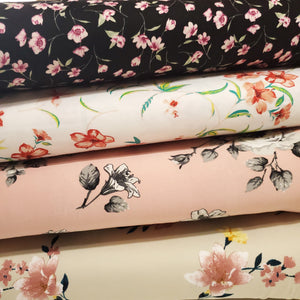 Double Brushed Polyester Knit Fabric, DBP, 4-Way Stretch, a Pretty Taupe and Blush Floral Print, So Soft and Versatile, Sold by the 1/2 yard