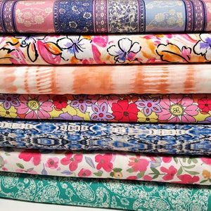 Rayon Challis Fabric, Fun Pretty Pink, Blue, White Floral. Print. Light and Flowing Fabric. Nice Rayon Woven Fabric. Sold by the 1/2 yard