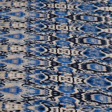 Load image into Gallery viewer, Rayon Challis, Fun and Pretty Blue, Black, and Ivory Boho Print. Light and Flowing Fabric. Nice Rayon Woven Fabric. Sold by the 1/2 yard
