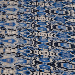 Rayon Challis, Fun and Pretty Blue, Black, and Ivory Boho Print. Light and Flowing Fabric. Nice Rayon Woven Fabric. Sold by the 1/2 yard