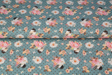 Load image into Gallery viewer, Cotton Spandex Euro Knit Fabric: Cute Bird and Pretty Pink Floral Print, Excellent Quality Soft Fabric, 4-way stretch .Sold by the 1/2 yard.
