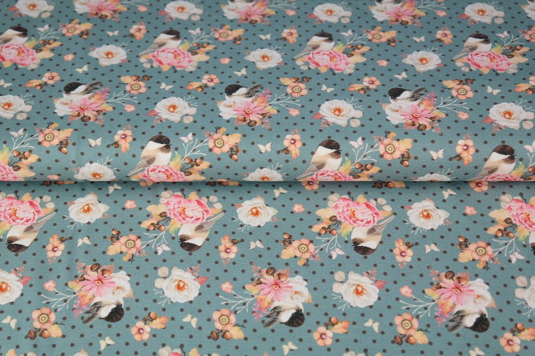 Cotton Spandex Euro Knit Fabric: Cute Bird and Pretty Pink Floral Print, Excellent Quality Soft Fabric, 4-way stretch .Sold by the 1/2 yard.