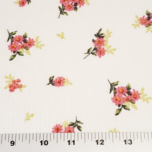 Load image into Gallery viewer, Ribbed Knit Fabric: 4x2 Rib Knit . Cute Ivory with Petite and Pretty Pink Flowers with Green Leaves. 4-Way Stretch, Sold by the 1/2 yard
