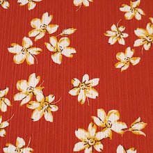 Load image into Gallery viewer, Ribbed Knit Fabric: Pretty 4x2 Rib Rust With Ivory and Yellow Floral Print, Great for any Season. 4-Way Stretch, Sold by the 1/2 yard
