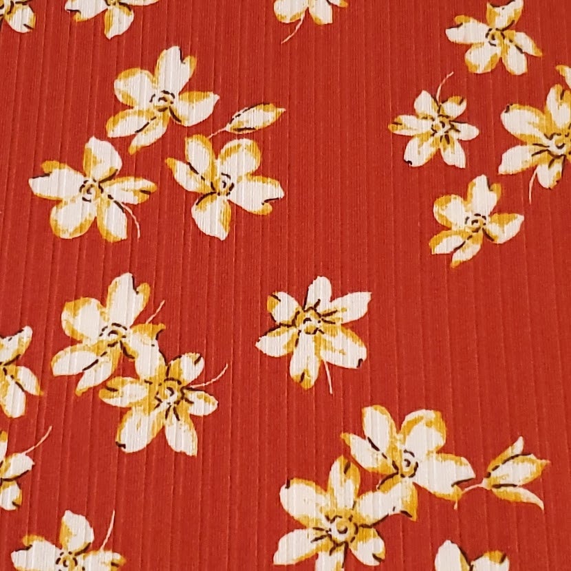 Ribbed Knit Fabric: Pretty 4x2 Rib Rust With Ivory and Yellow Floral Print, Great for any Season. 4-Way Stretch, Sold by the 1/2 yard