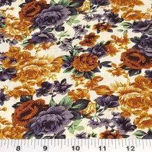 Load image into Gallery viewer, Rayon Challis Fabric, Pretty Beige,Brown, Blue Floral Fabric . A Nice Light and Flowing Fabric. Beautiful Rayon Fabric. Sold by the 1/2 yard
