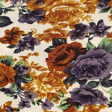 Load image into Gallery viewer, Rayon Challis Fabric, Pretty Beige,Brown, Blue Floral Fabric . A Nice Light and Flowing Fabric. Beautiful Rayon Fabric. Sold by the 1/2 yard
