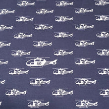 Load image into Gallery viewer, Cotton Spandex Euro Knit Fabric: White Helicopters on Dark Denim Blue, Excellent Quality Soft Fabric, 4-way stretch. Sold by the 1/2 yard.
