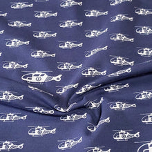 Load image into Gallery viewer, Cotton Spandex Euro Knit Fabric: White Helicopters on Dark Denim Blue, Excellent Quality Soft Fabric, 4-way stretch. Sold by the 1/2 yard.
