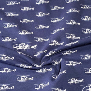 Cotton Spandex Euro Knit Fabric: White Helicopters on Dark Denim Blue, Excellent Quality Soft Fabric, 4-way stretch. Sold by the 1/2 yard.